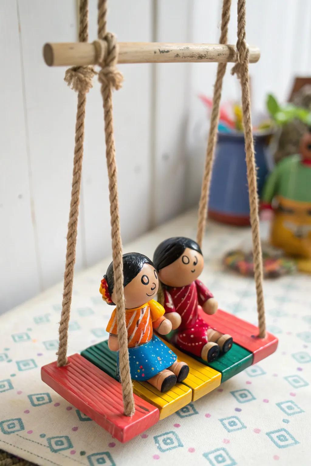 Pendulous figurines infuse a playful atmosphere into the Golu presentation.