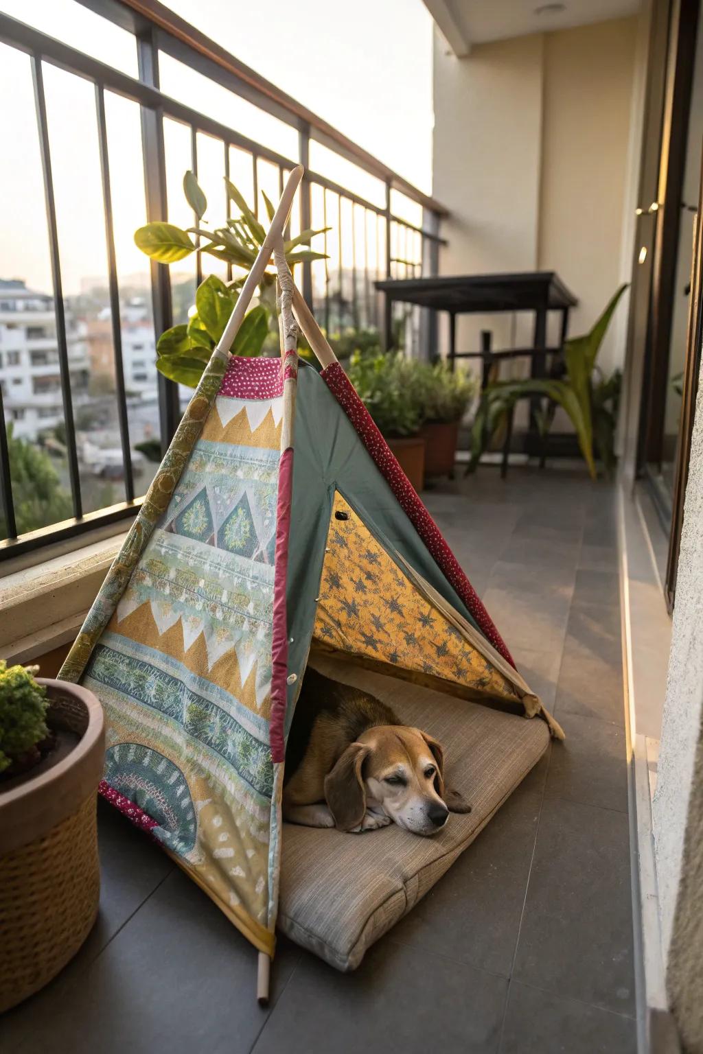 A DIY canine tent offers a cozy hideaway for dogs.