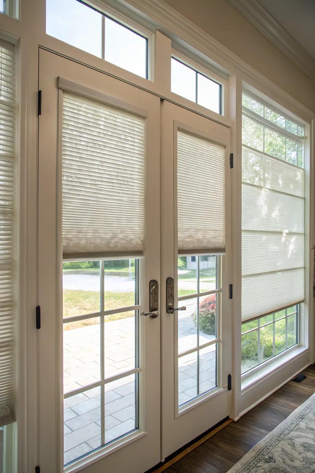 Honeycomb shades provide privacy and energy efficiency for entryway windows.