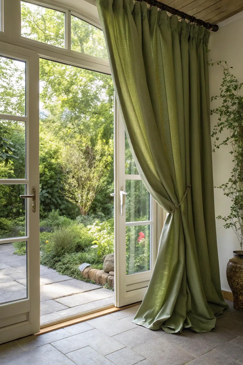 Earthy-toned drapes enhance natural warmth and harmony.