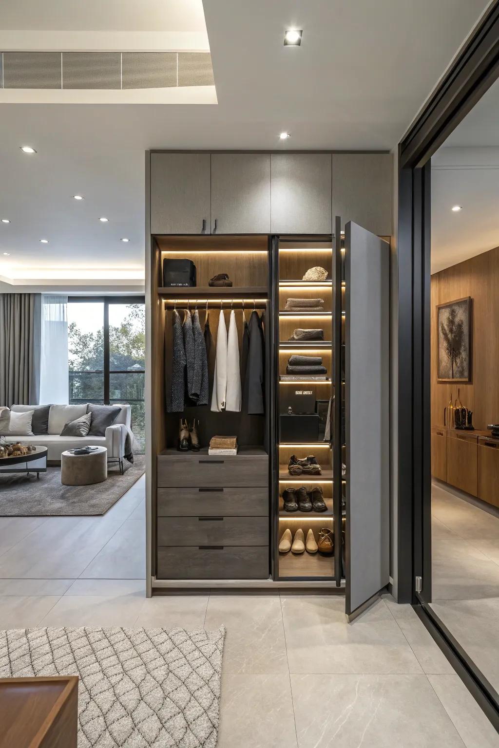 Hidden compartments in a double closet provide security and surprise.