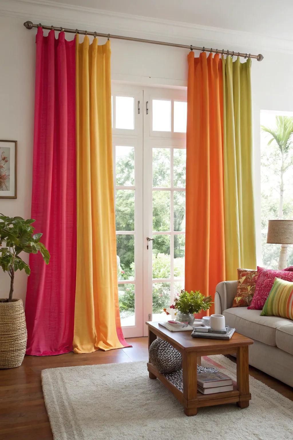 This living room benefits from the vibrancy and personality added by a pop of color in the curtains.