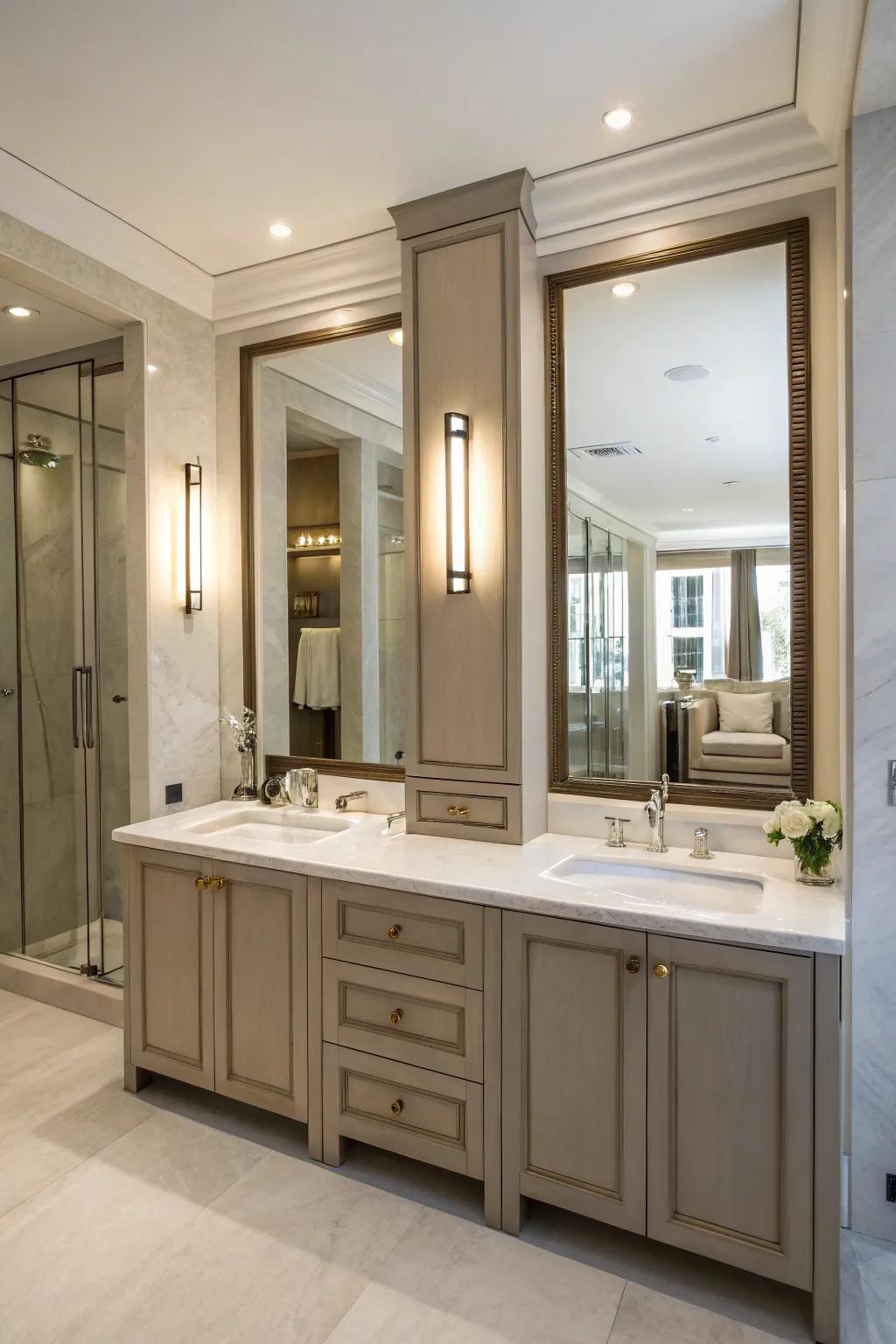 Tall vertical cabinets maximize storage in this bathroom with double sinks.