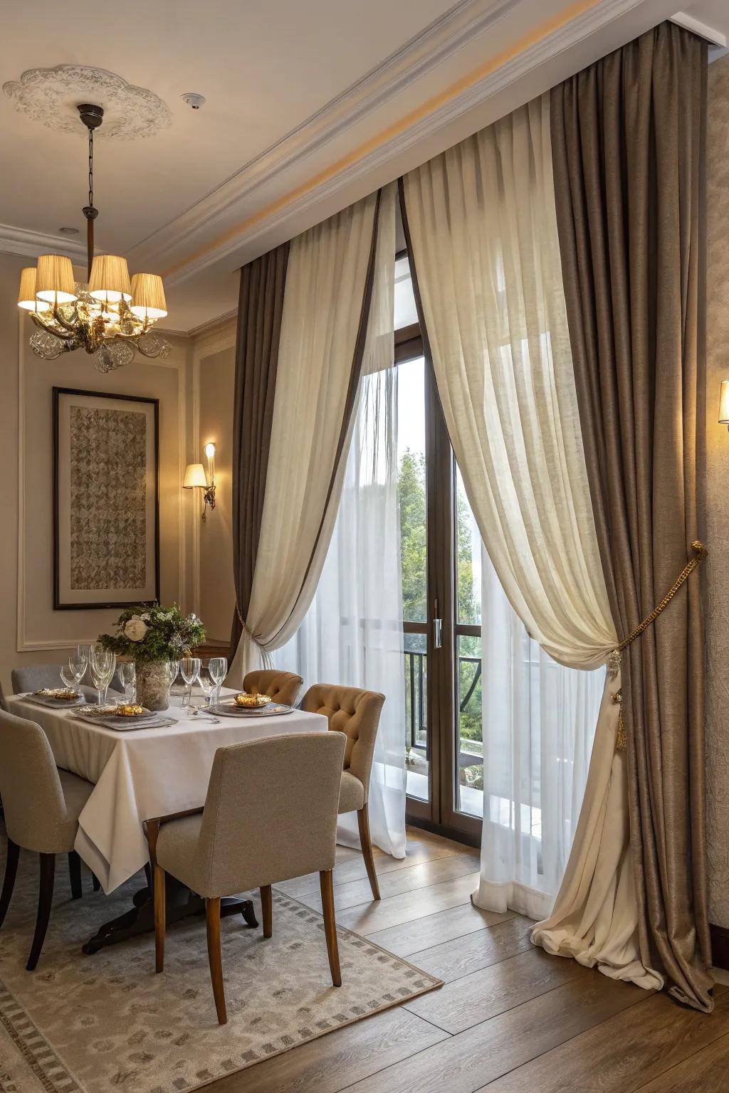 Mixed material drapes in cotton and silk adding texture to a dining room.