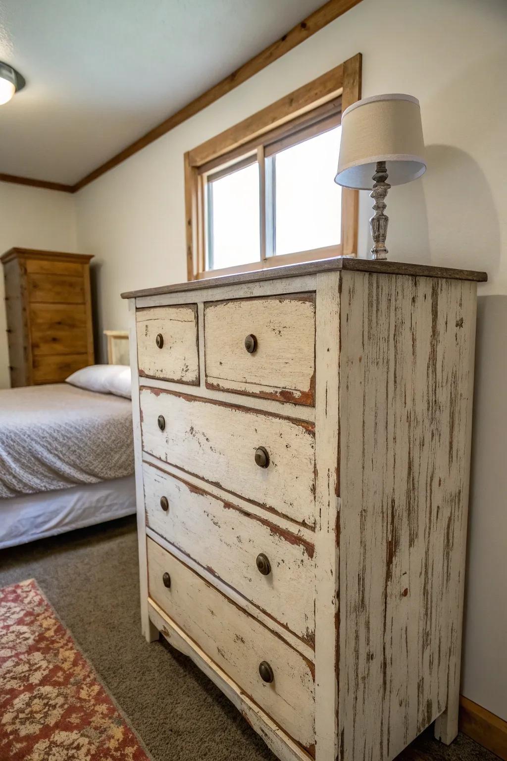 A weathered dresser adding vintage charm to a modern small bedroom.