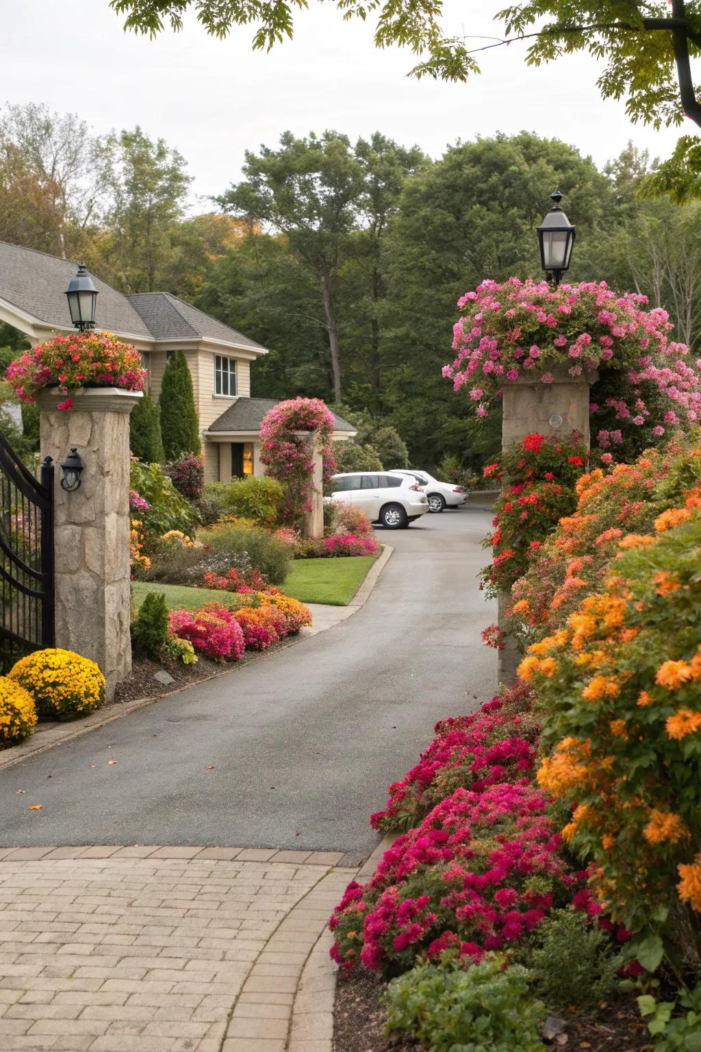 Seasonal plants add dynamic color and life to this driveway entry.