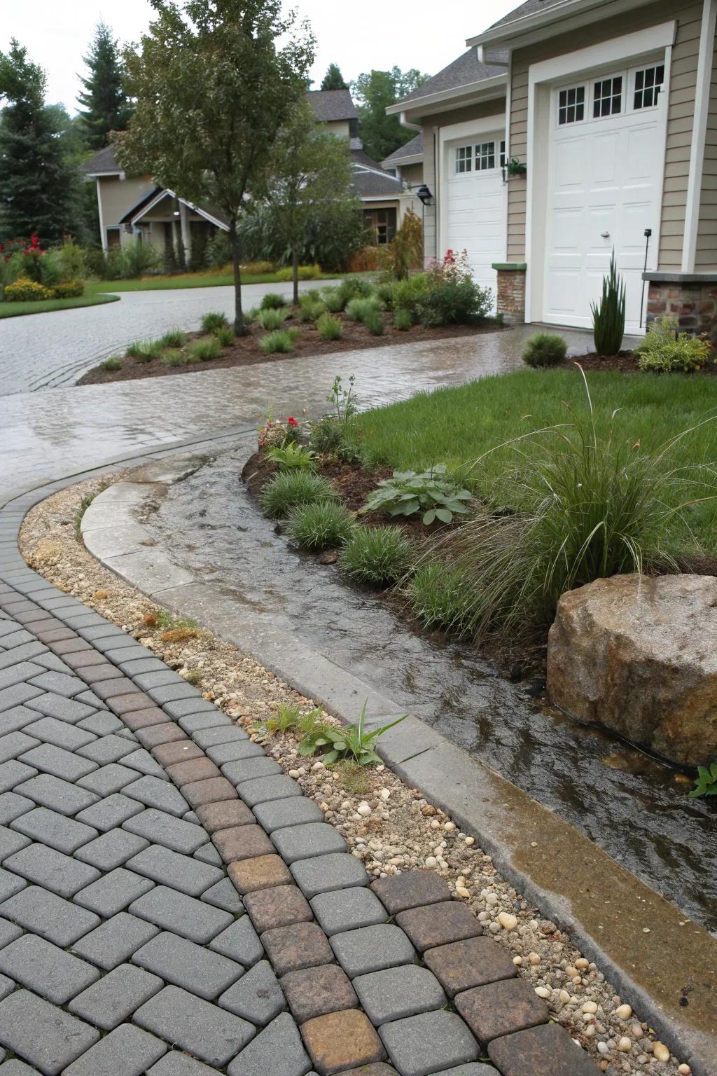 Practical porous flat stones blending with the driveway.