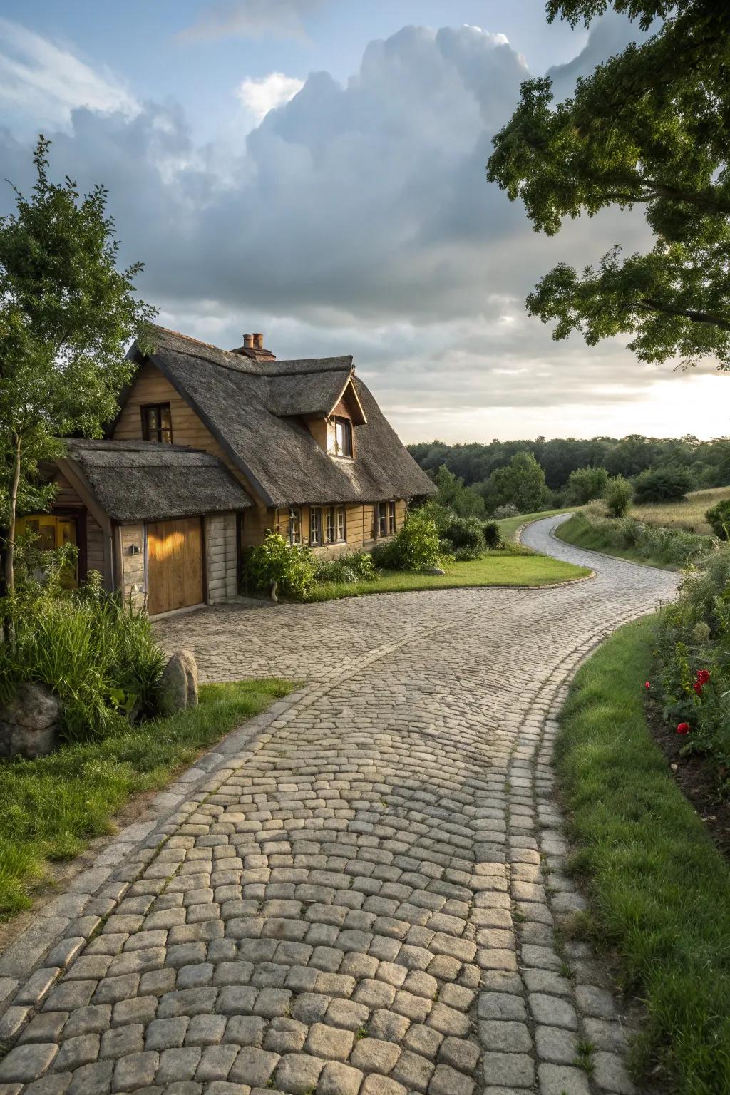 Cobblestone pathways contribute a rustic charm.