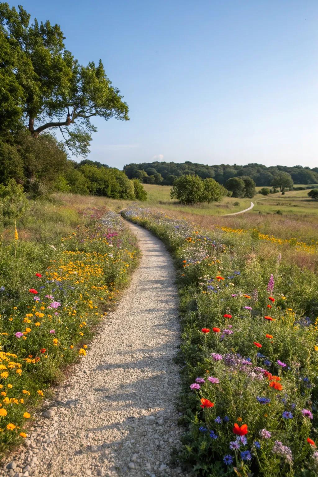 A gravel path surrounded by vibrant wildflowers, full of natural charm.