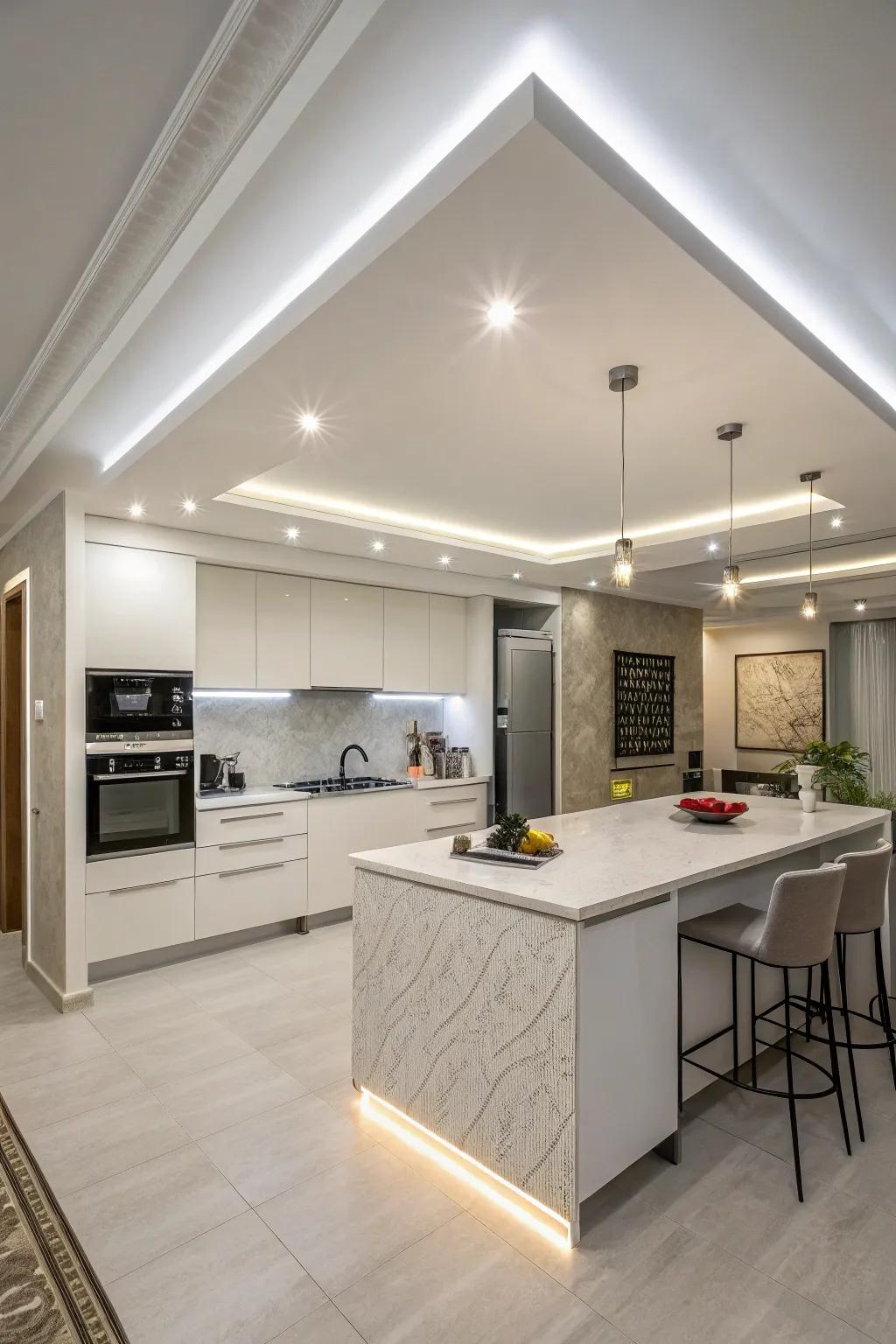 Integrated lighting transforms ceilings into functional art.