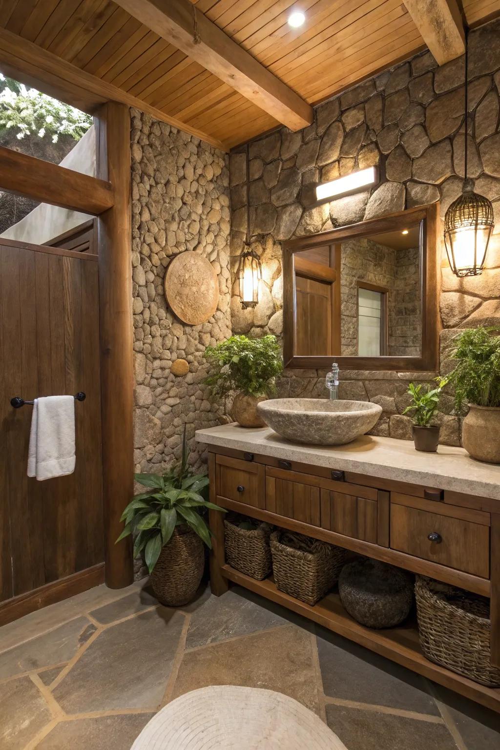 A stone sink provides a distinct texture and amplifies the earthy motif.