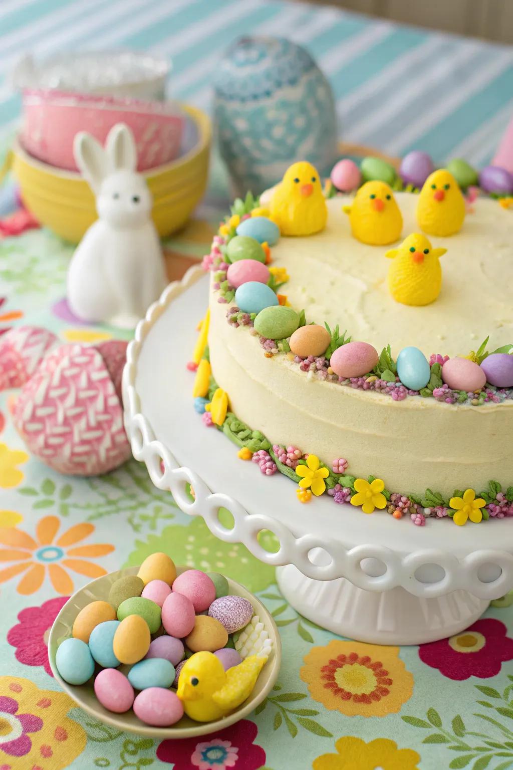 A parade of candy chicks and rabbits injects joy into this cake.