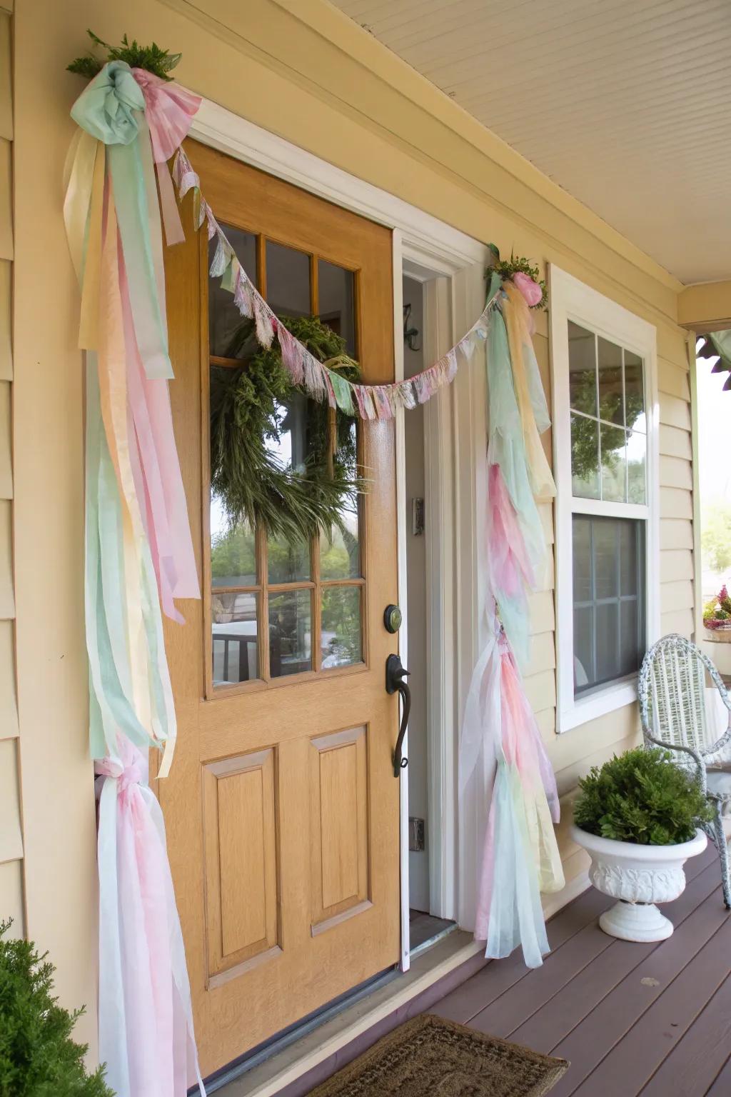A subdued strip festoon introduces chromatic motion to the entryway.