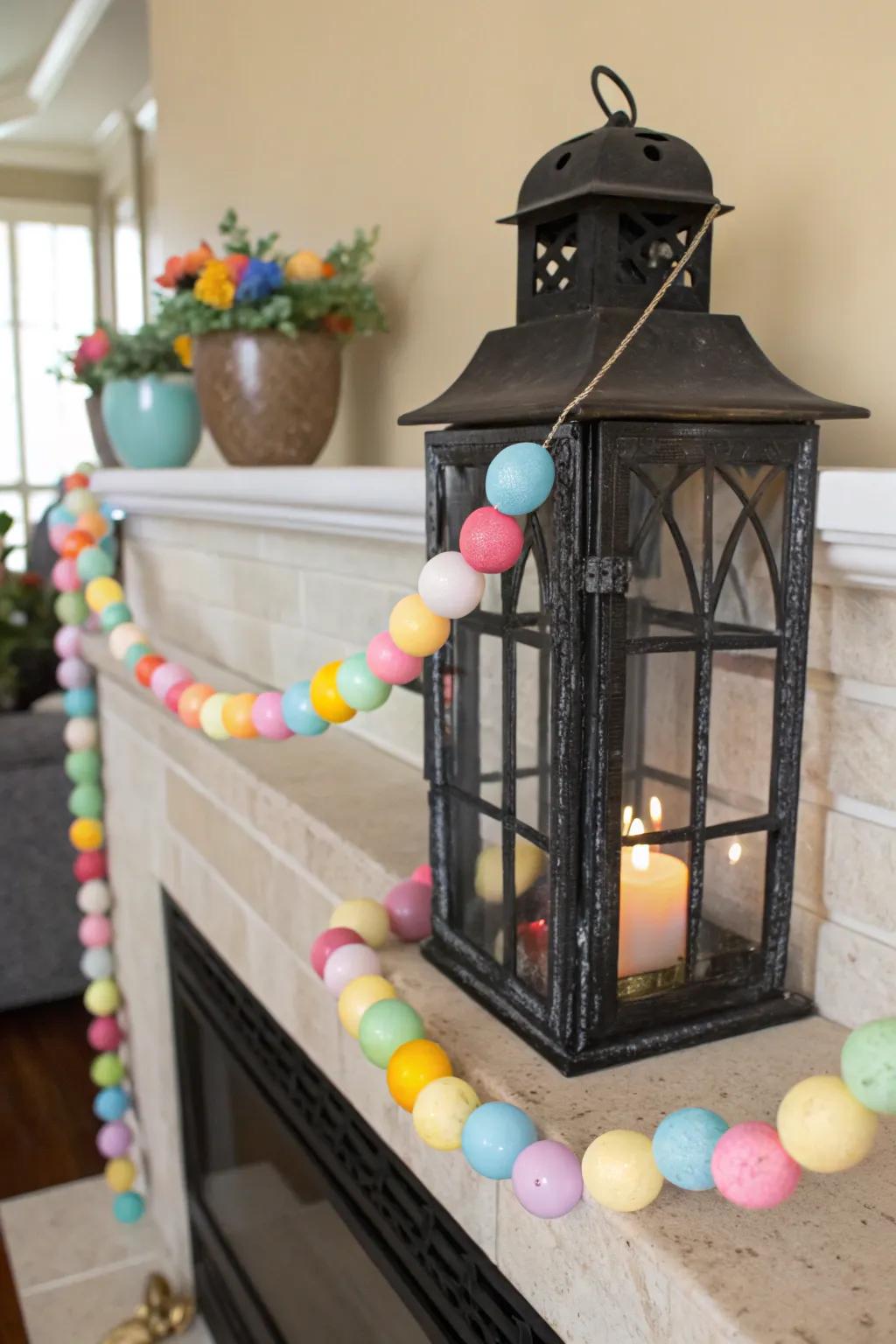 An Easter ornament chain contributes joyous sophistication to lanterns.