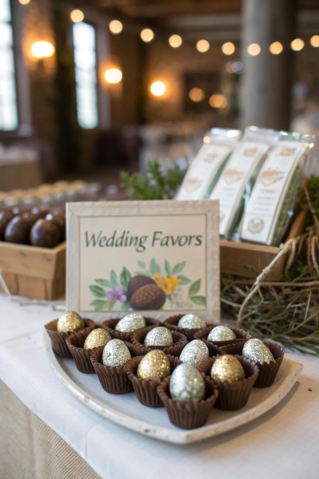 Wedding tokens including small containers of cocoa eggs and seed packages.