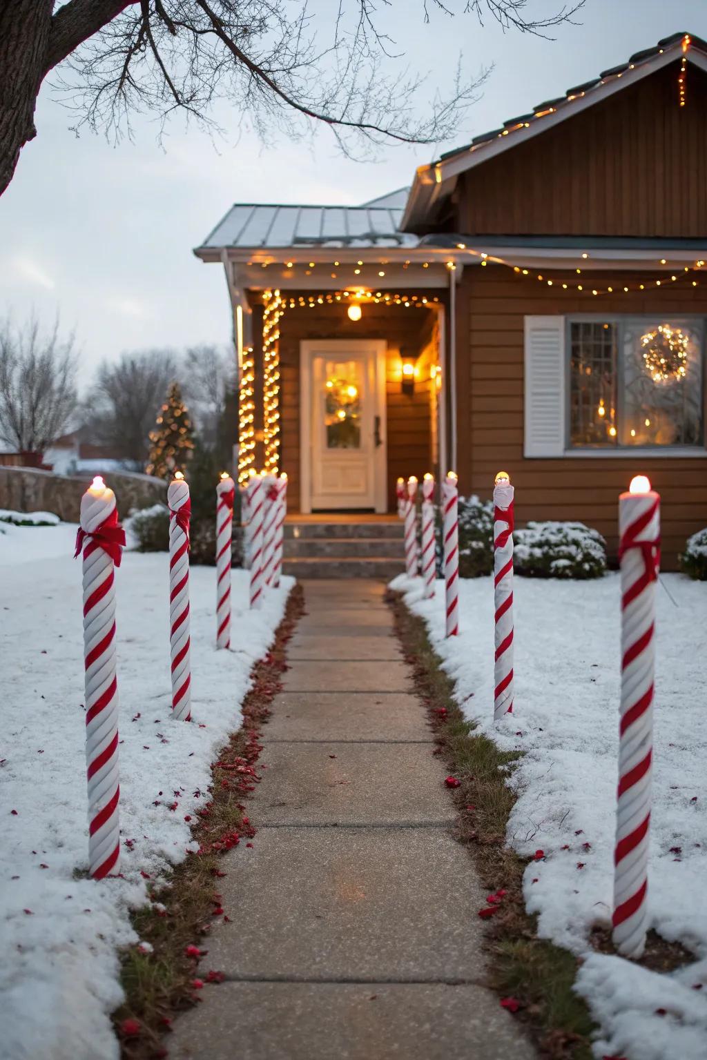 A peppermint route guides visitors with festive flair.