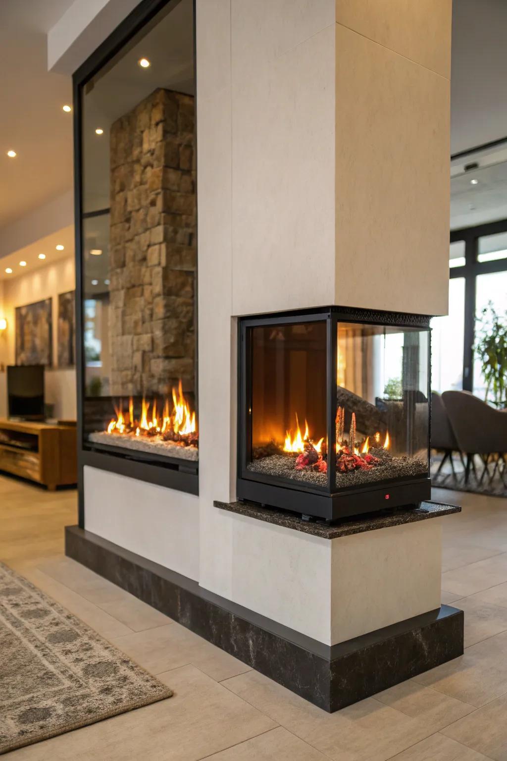 A two-sided electric firebox connecting two spaces