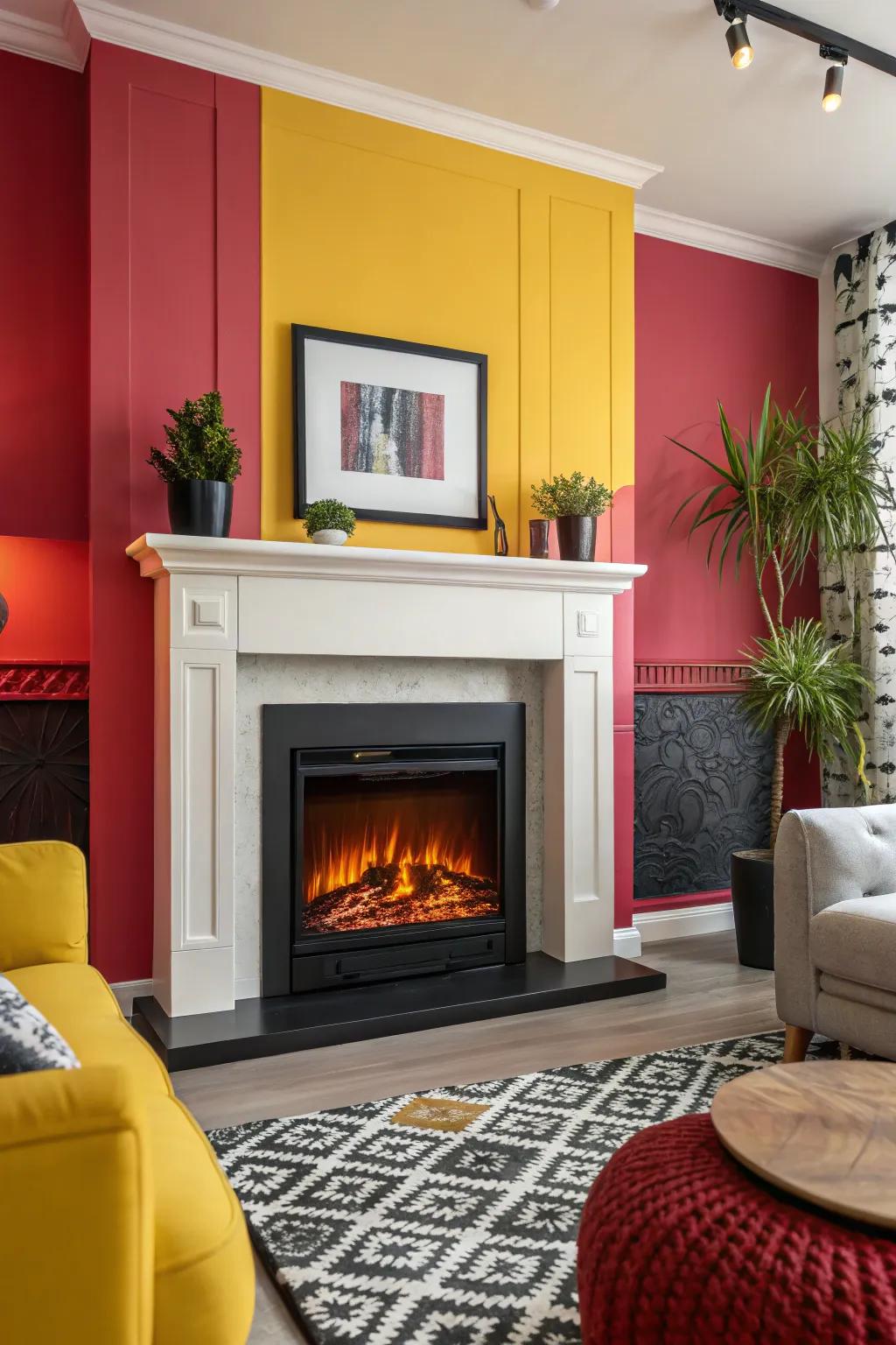 Bold color contrasts make the electric fireplace a vibrant feature.