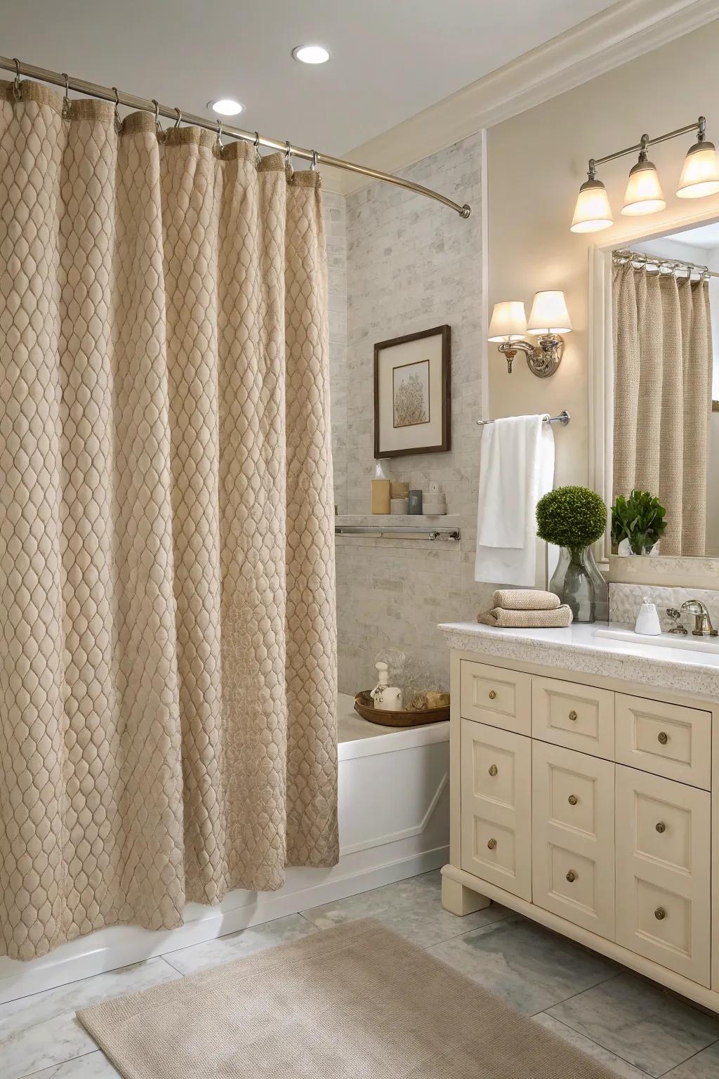 A waffle pattern shower curtain brings a touch of texture and elegance to the space.