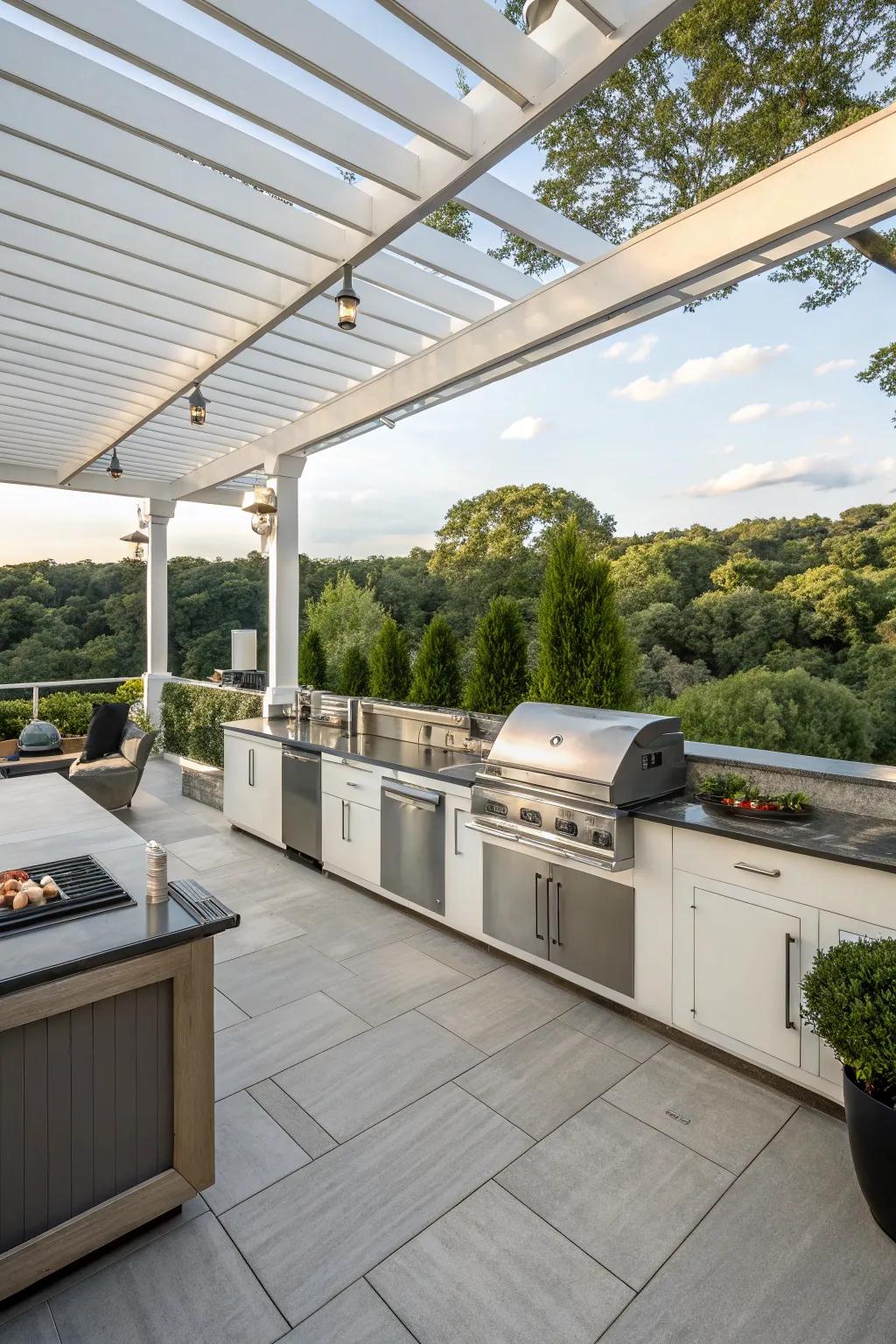 Outdoor kitchens enrich the patio experience by integrating cooking and social activities.