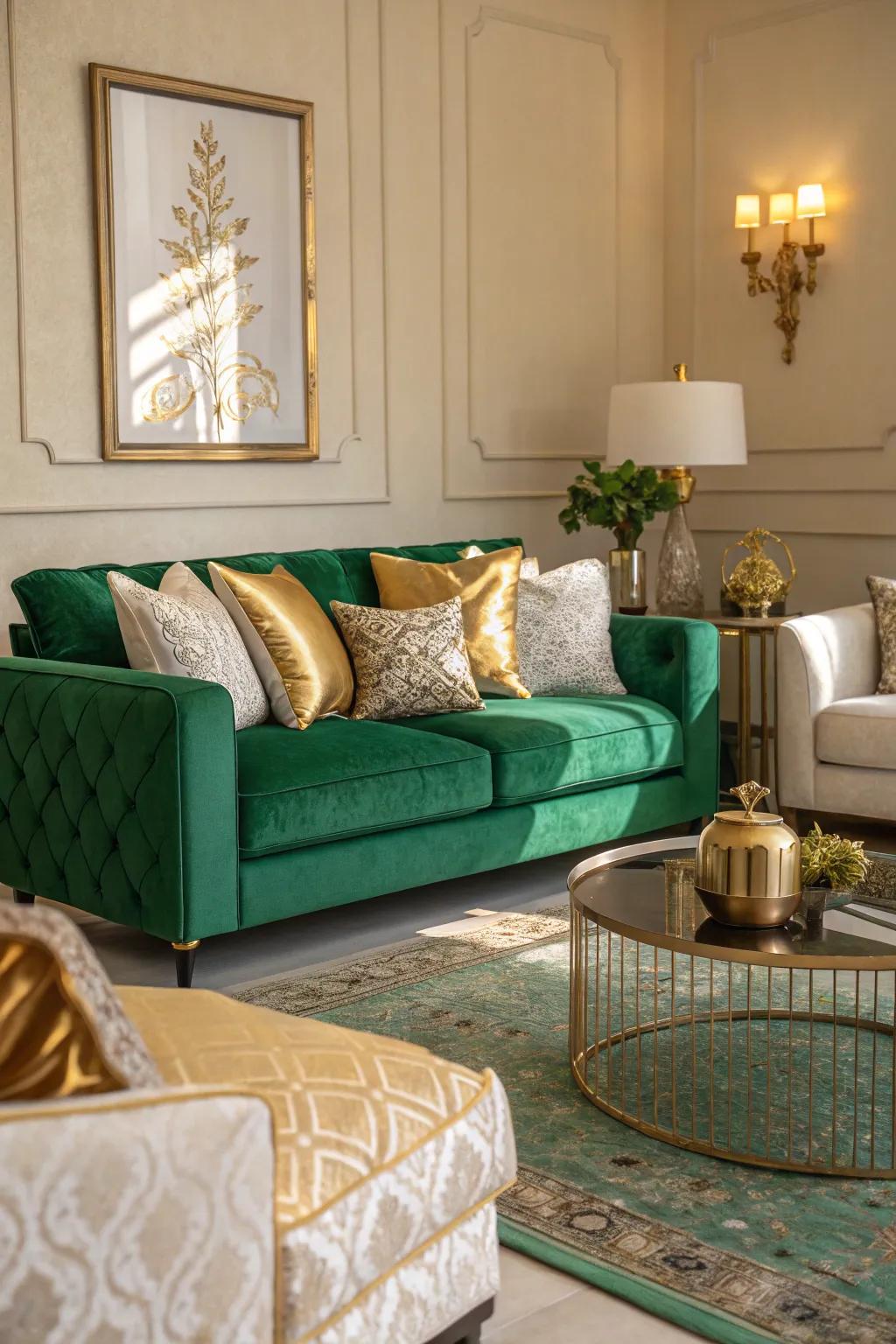 Cushions delivering sharp contrast generate visual interest within a deep green themed layout.