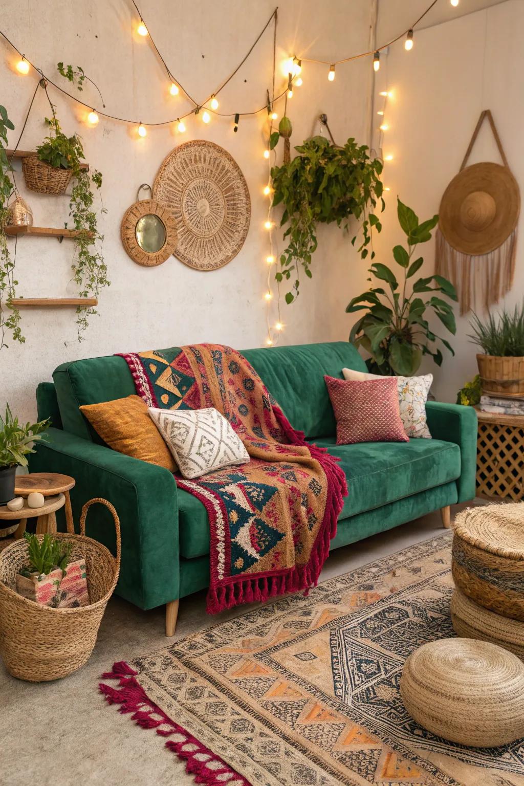 Bohemian elements match the deep-green couch.