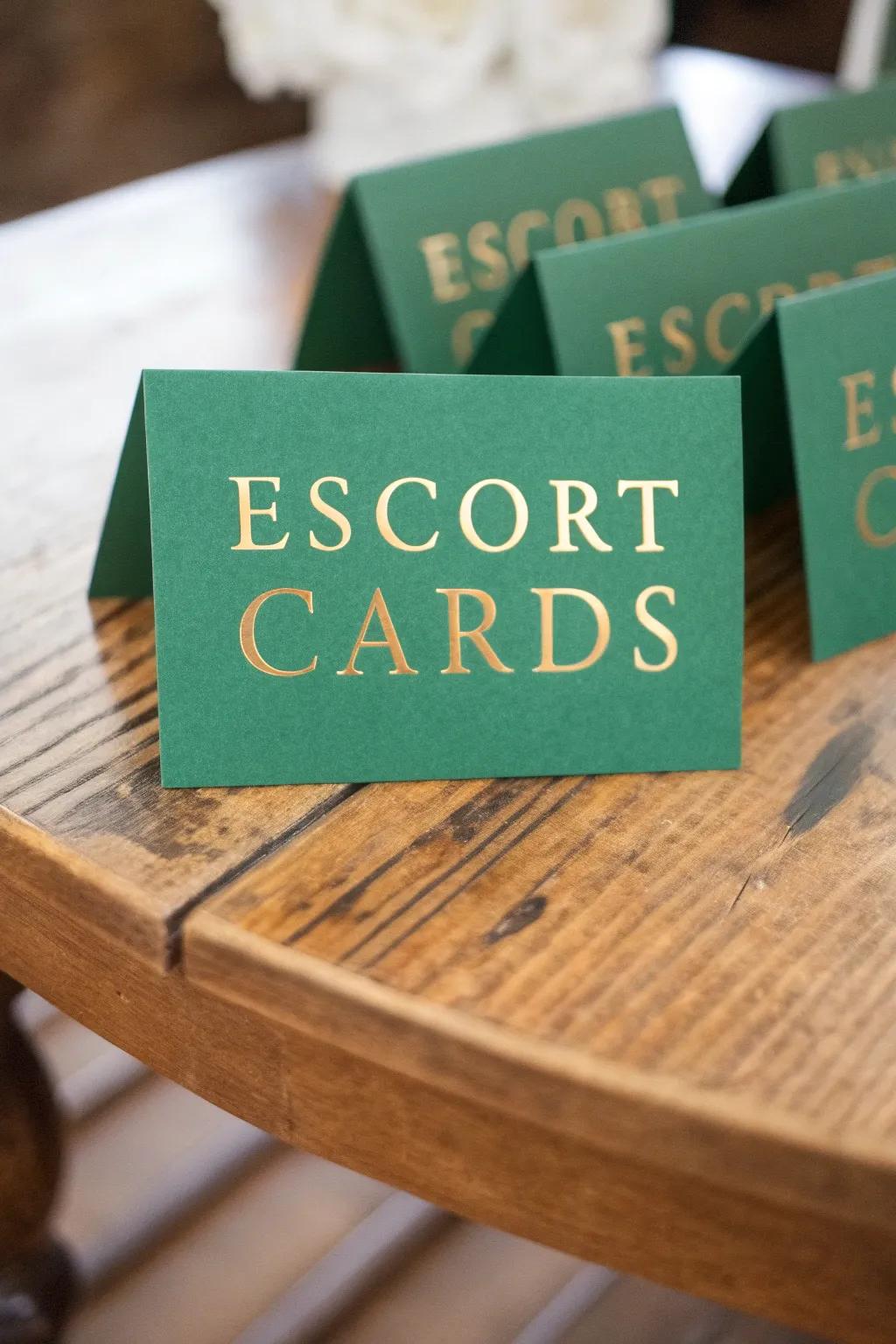 Elegant guide cards in emerald green and gold.