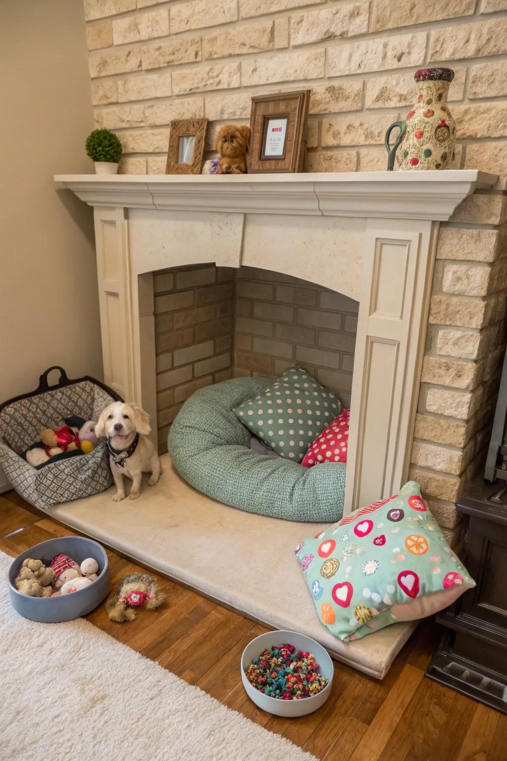 Design a cozy pet retreat in your fireplace.