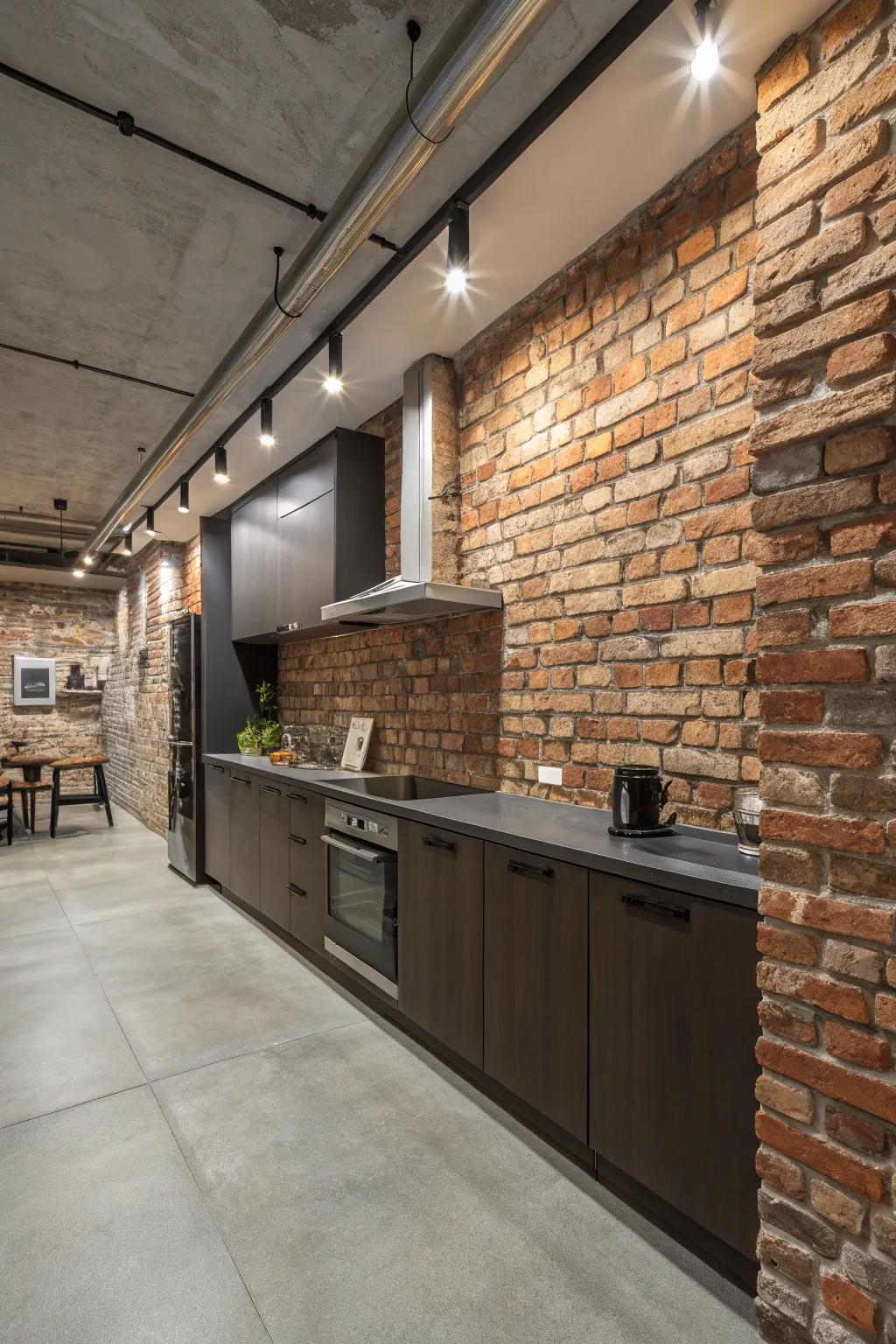 Stone designs add an industrial feel to kitchen walls.