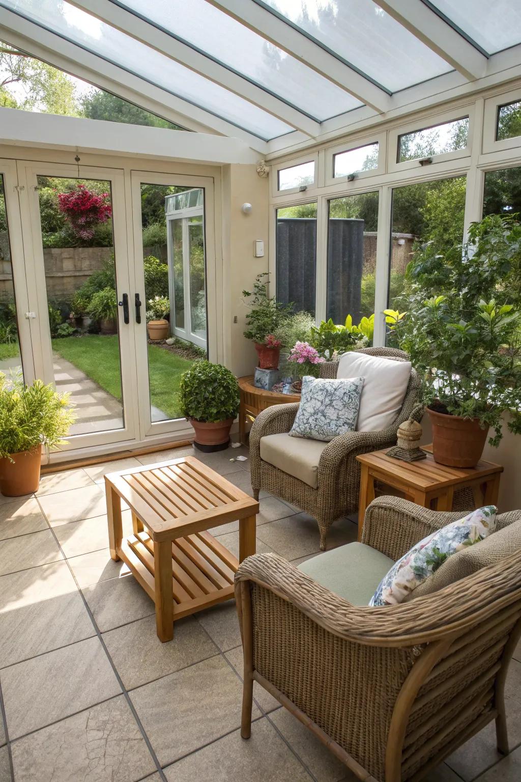 A harmonious indoor-outdoor fusion patio offering comfort and style.