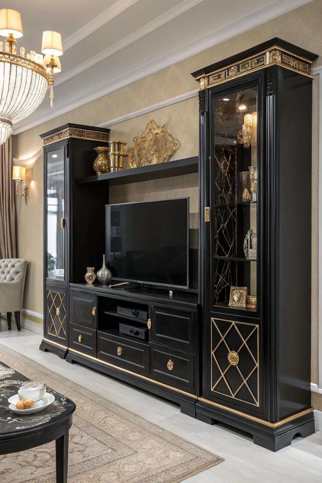 A striking charcoal entertainment center that makes a statement.