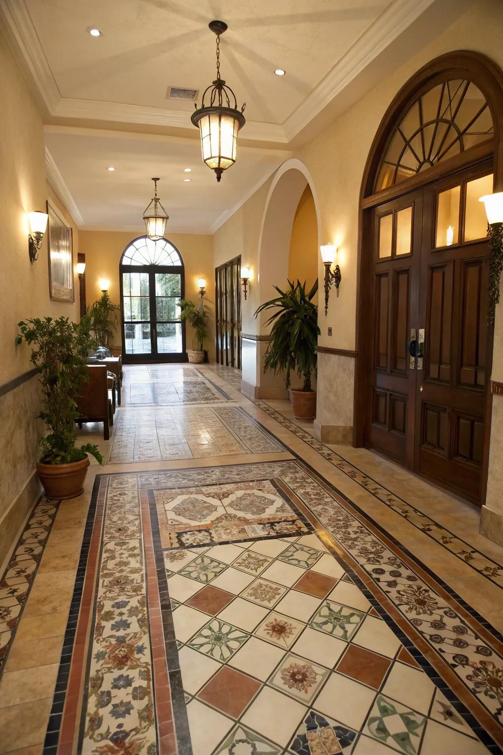 Two-tone flooring introduces a modern edge to the foyer.