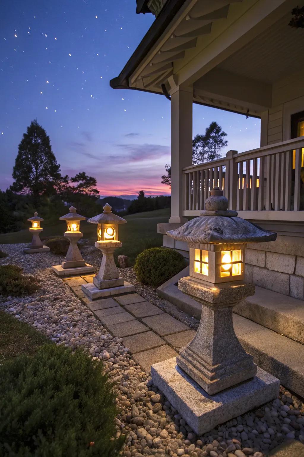 Enchanting stone beacons that introduce light and charm to the porch.