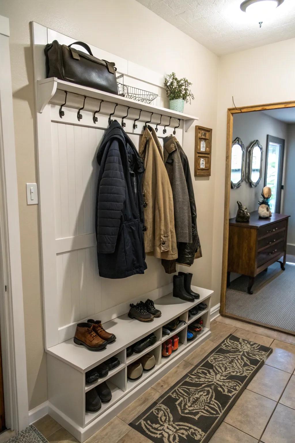 Combine storage needs with an integrated rack for shoes and coats.