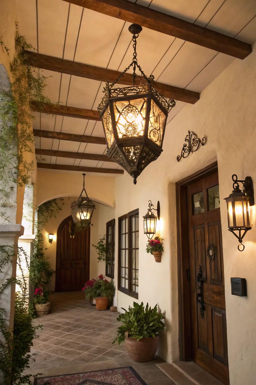 An entrance showcasing a rustic lantern-style light, contributing unexpected allure.