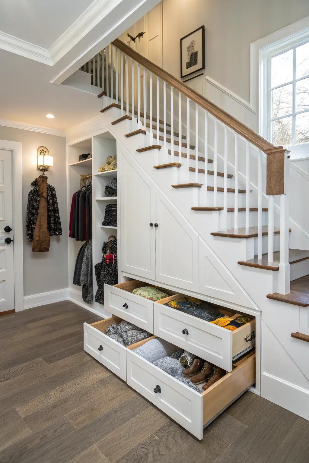 Under-stair storage effectively optimizes unused space.