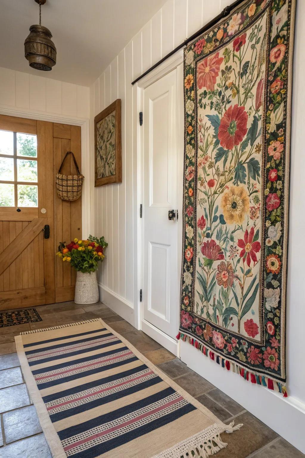 Mixing patterns and textures yields a dynamic entryway design.