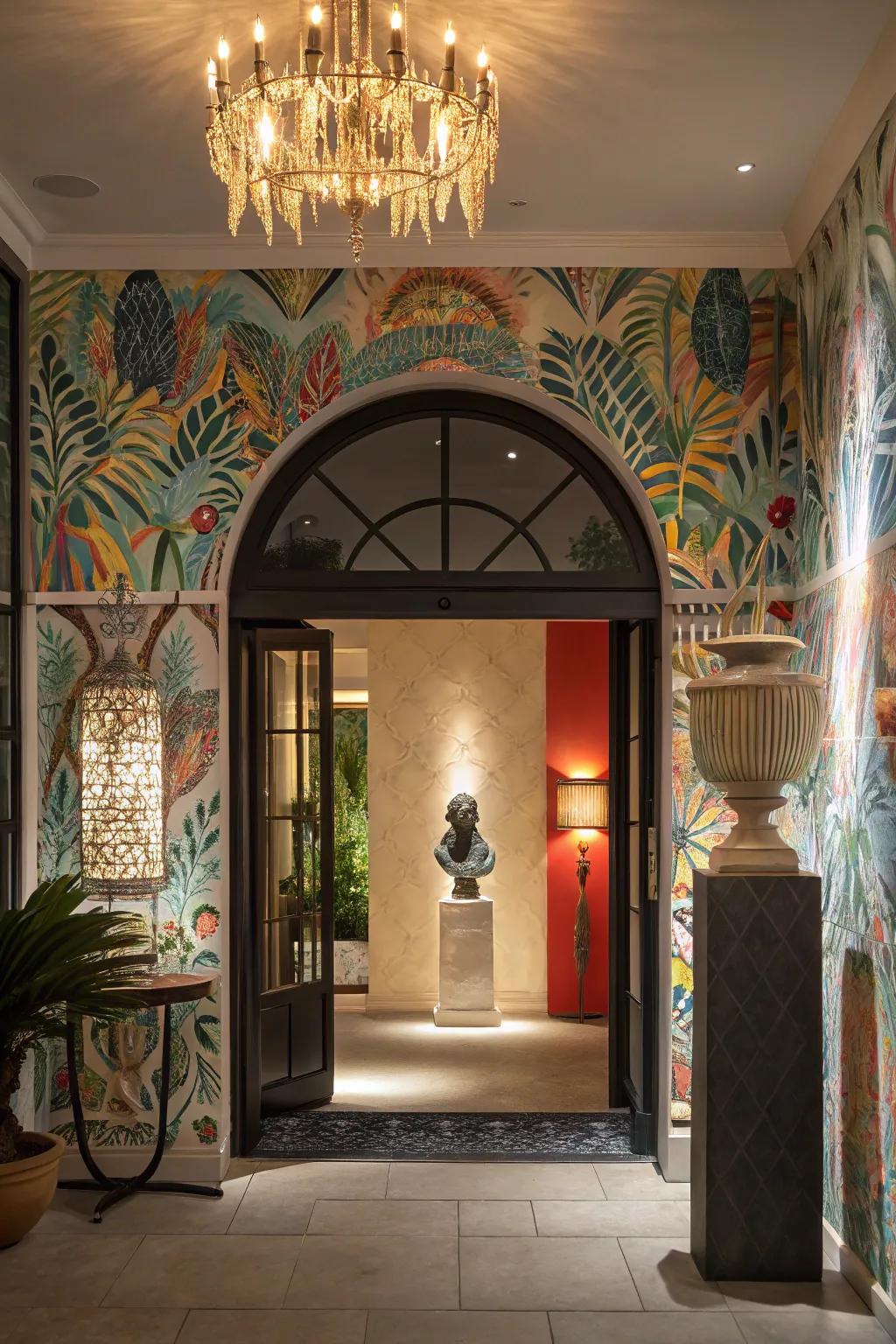 A creative entryway featured mural wallpaper as an artistic masterpiece.
