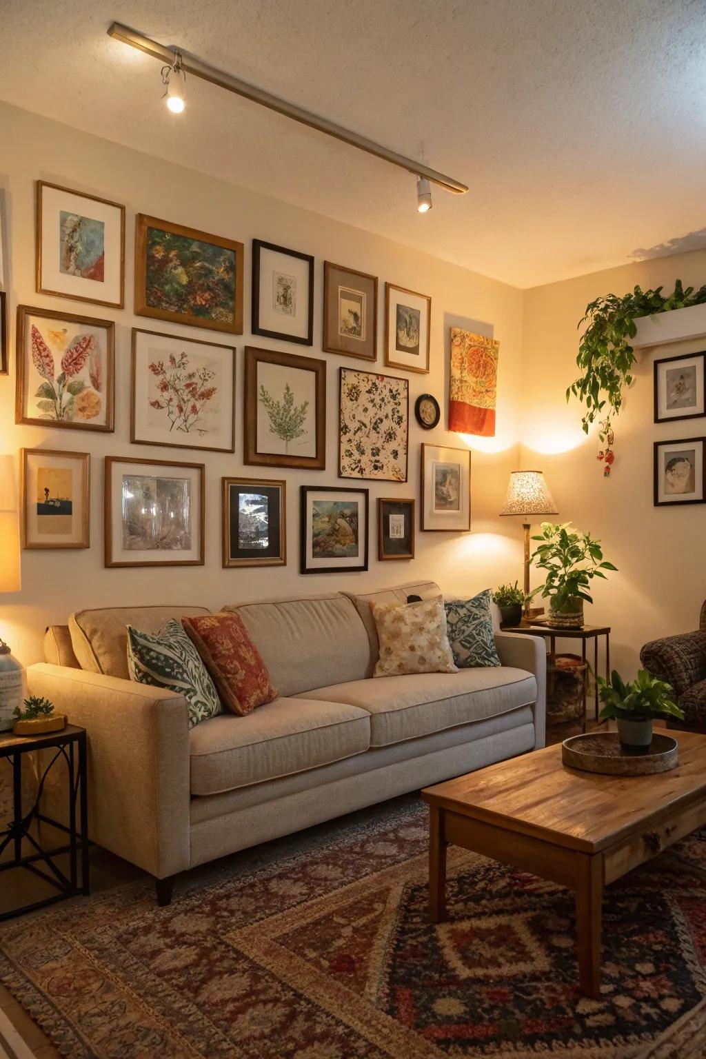 An assorted gallery wall contributes charm to this living space with European influences.