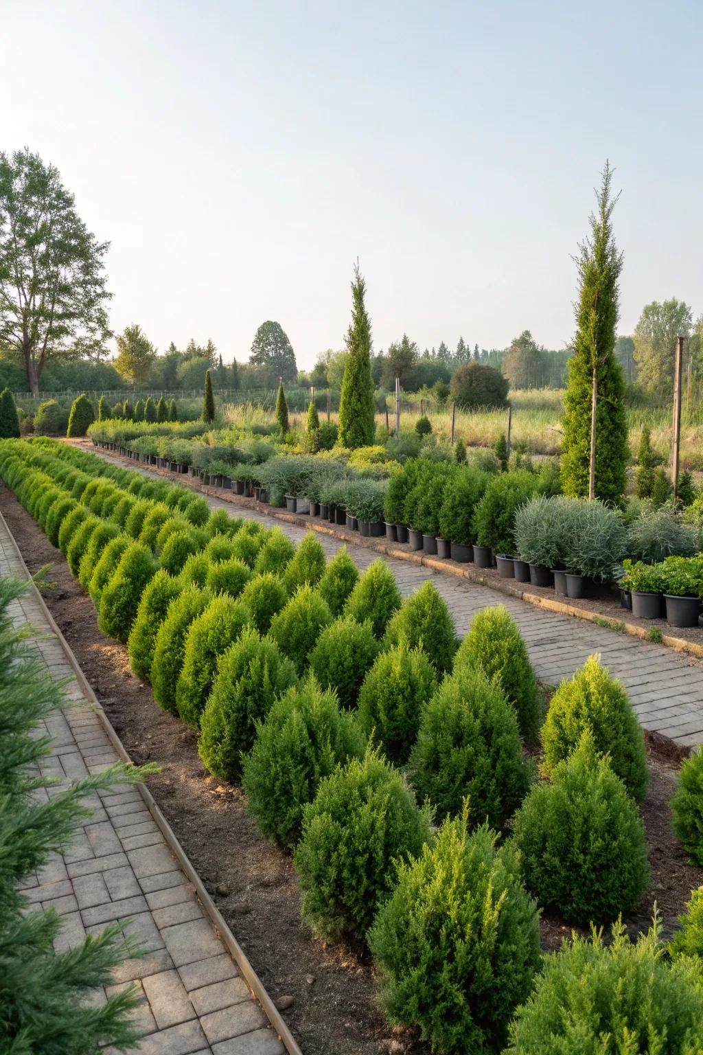 A garden that features rhythmic planting of evergreen forms.