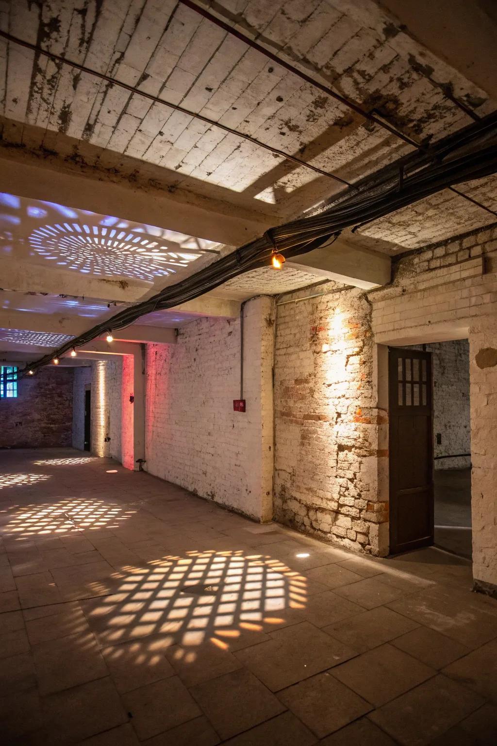 Spotlights craft an enchanting display of light and shade in a basement.