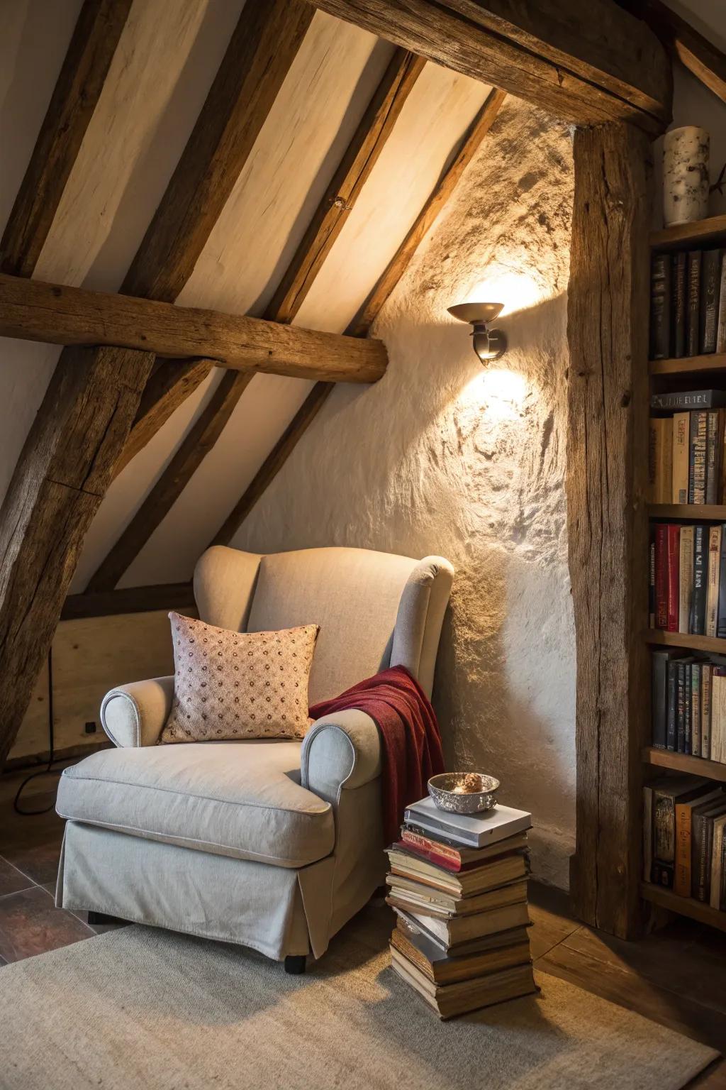 The utilization of exposed beams to create a cozy nook.