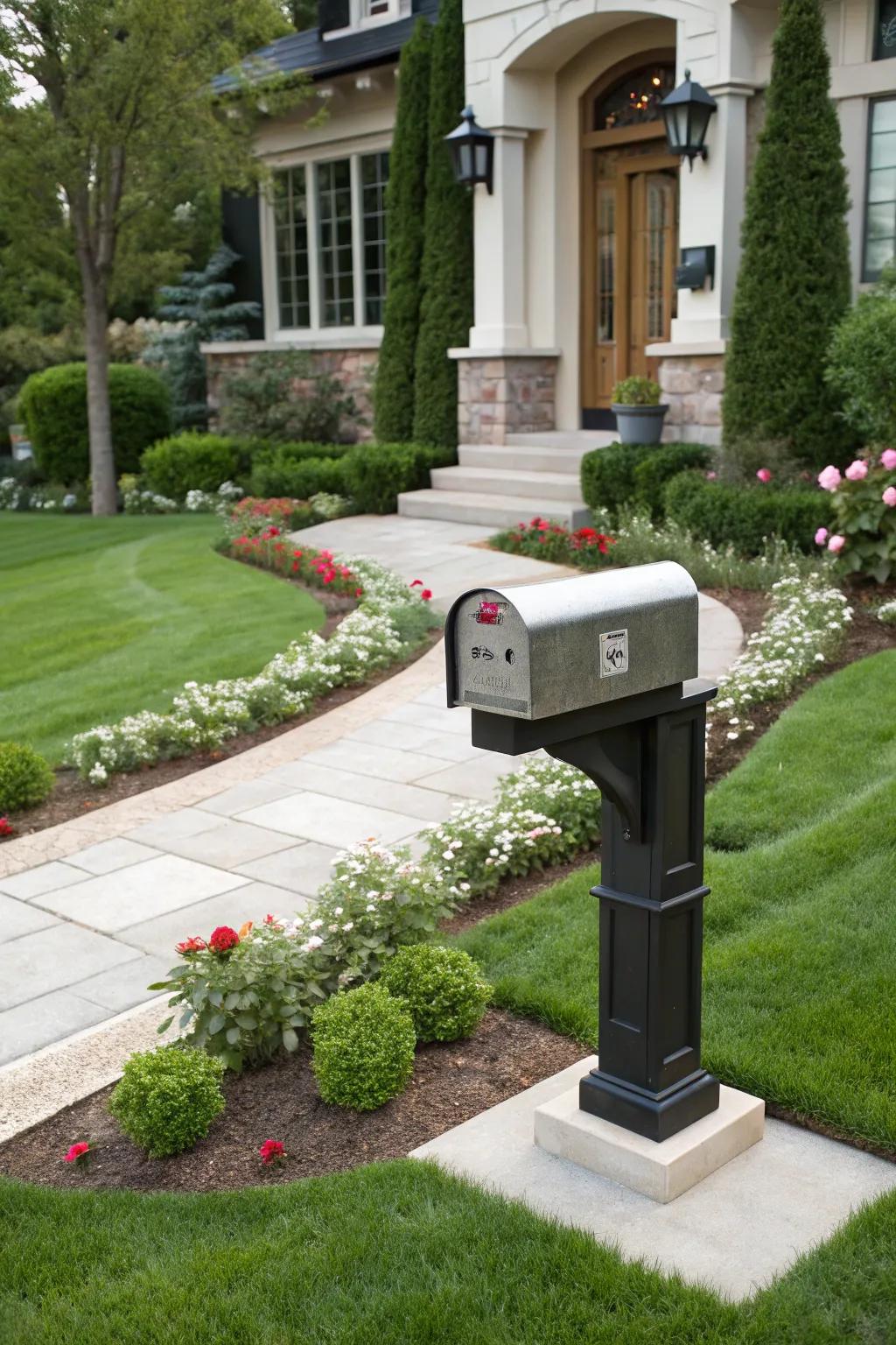 A unique, stylish delivery box in a beautifully landscaped yard.