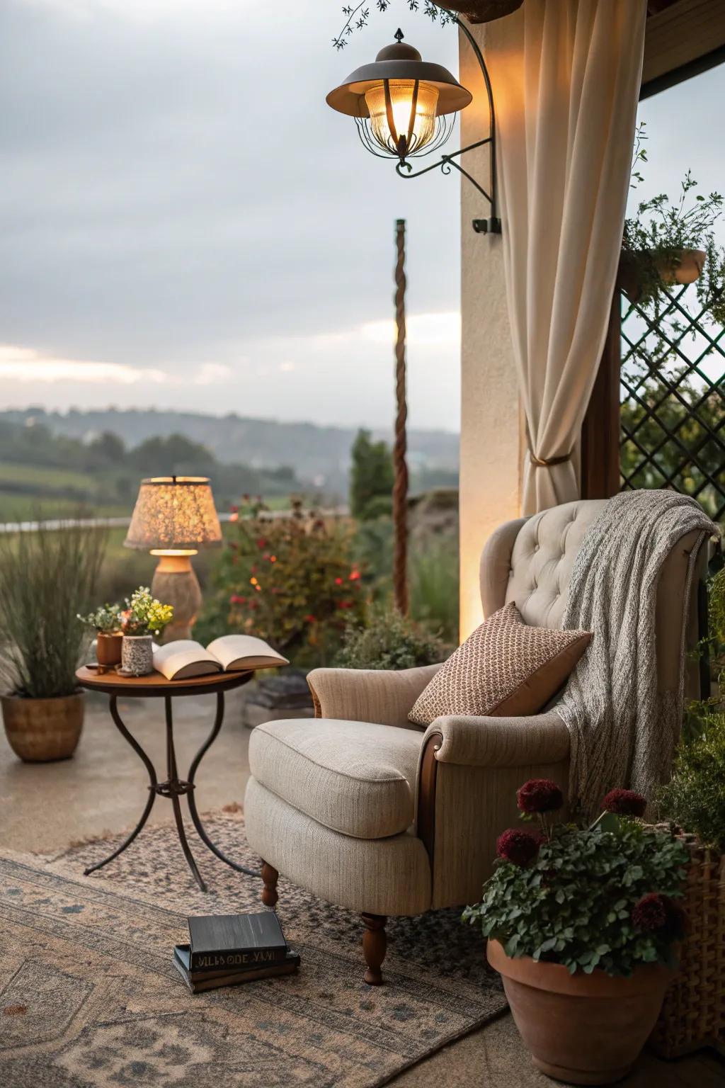 A cozy reading nook offers a peaceful escape on a patio.