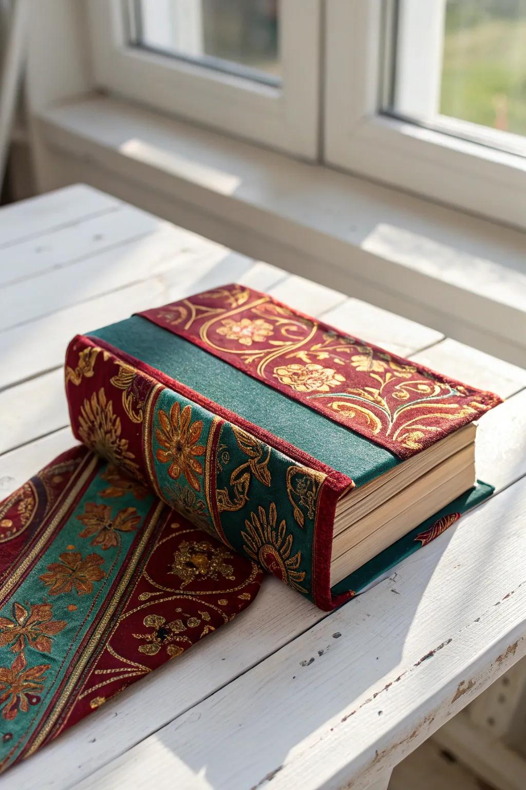 Transform your reads into boho treasures with vibrant exotic fabric covers.