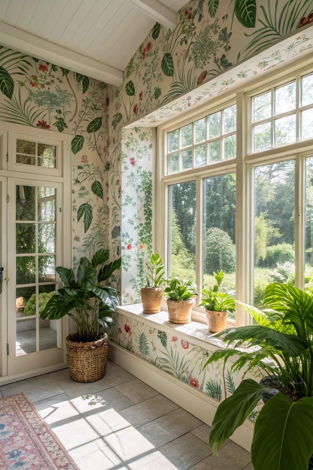 The inside garden is evoked by fabric wallpaper that combines floral and animal motifs.