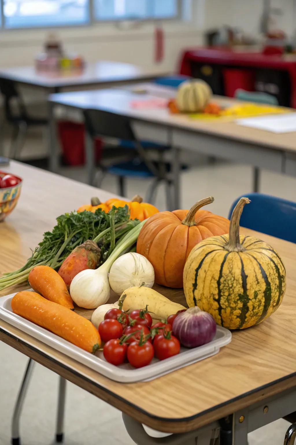 A bountiful harvest showcase in the classroom.