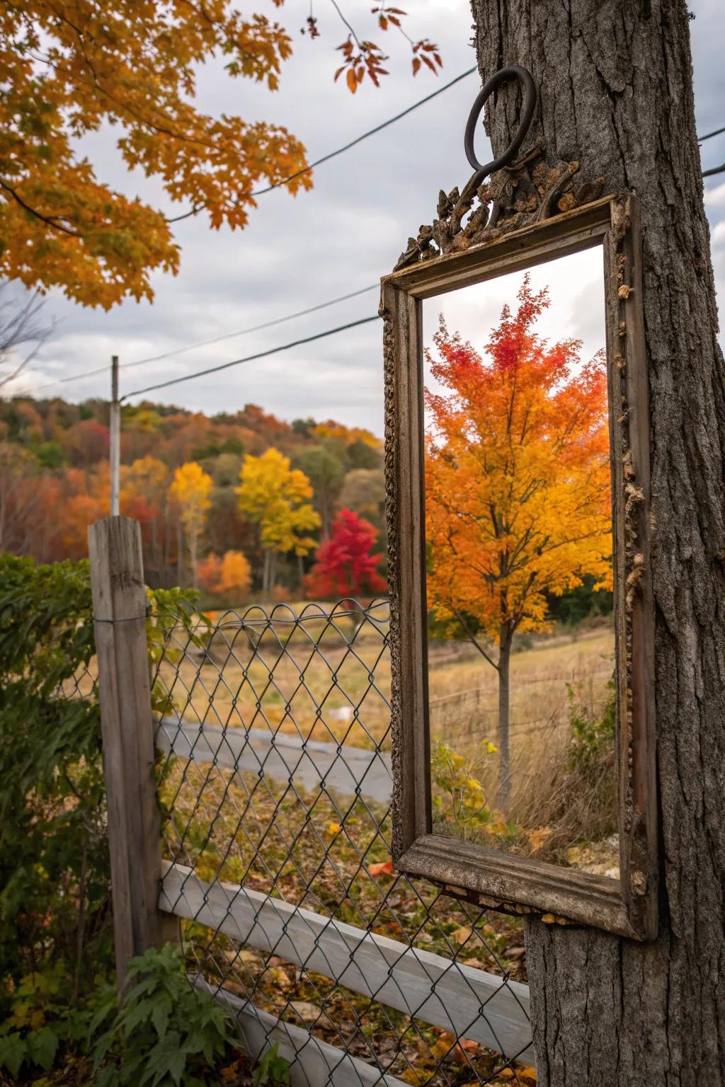 A vintage looking glass reflects the splendor of fall foliage on the fence.