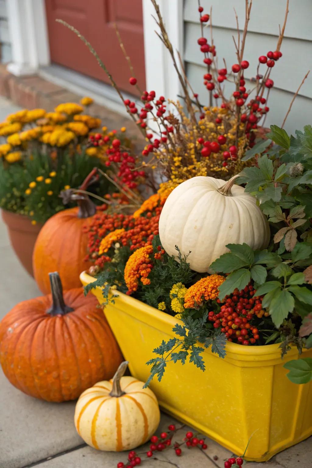 Autumn fruits provide a vibrant contrast to gourd displays.
