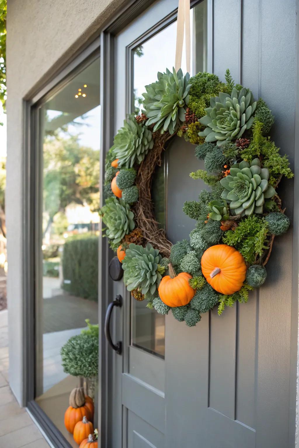 Succulents and pepos compose a contemporary and invigorated autumnal wreath.